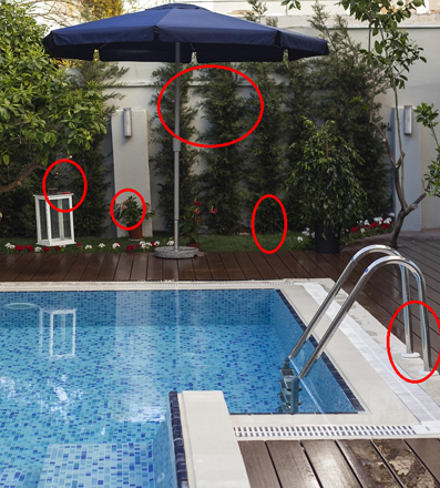 Architectural image markup showing PSD layer instructions for object removal, distraction removal, and architectural photo retouching.